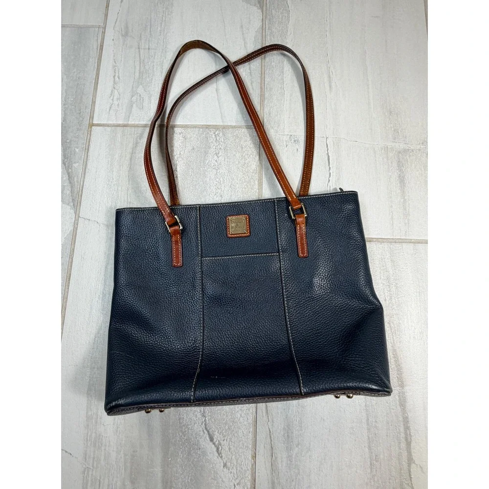 Dooney & Bourke Navy Blue Pebble Grain Leather Tote Shoulder Bag Tan Trim